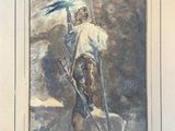 tableau représentant un homme tenant une lance et un oiseau dans la main