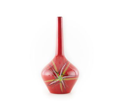 vase en verre rouge avec une tige verte sur fond blanc