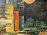 an oil painting of a cityscape with a full moon in the sky