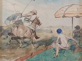 a painting of a man riding a horse on the beach