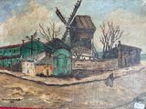 a painting of a windmill on display in a museum