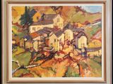 an oil painting of a house on a hill with a tree in the foreground
