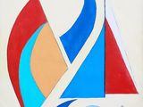 abstract painting of a sailboat with a sun in the background
