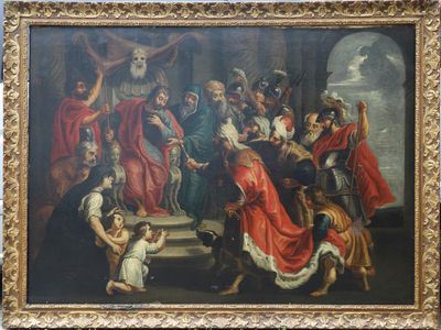 an oil painting of a group of people standing around a statue