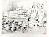 dessin au crayon représentant une nature morte composée de légumes et de fruits posés sur une table