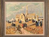 painting of a village scene with a church in the background and a group of people in the foreground