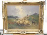 un tableau représentant un homme gardant des moutons dans un champ