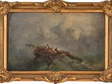 une image représentant un tableau où l'on voit un homme à cheval dans l'eau