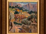 un tableau représentant un paysage avec du bétail et des arbres au premier plan