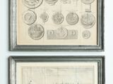 two framed drawings of boats and ships on a white wall