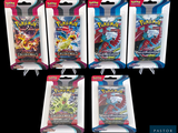 four packs of pokemon trading cards in plastic packaging on a black background