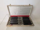 five pens in a case on display on a table