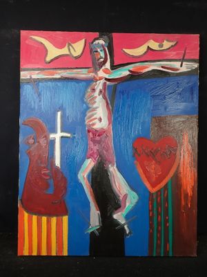 une image représentant un tableau d'un homme sur une croix, tenant une guitare