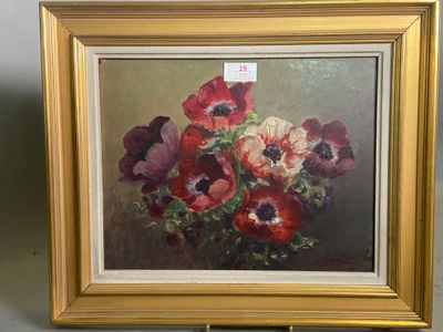 an oil painting of red and white flowers in a gold frame