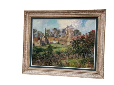 tableau représentant une scène de campagne avec une maison et des arbres en arrière-plan