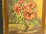 a painting of red flowers in a vase on a table