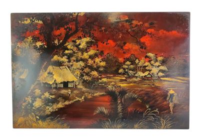 une image d'un tableau représentant un paysage avec des arbres et une maison