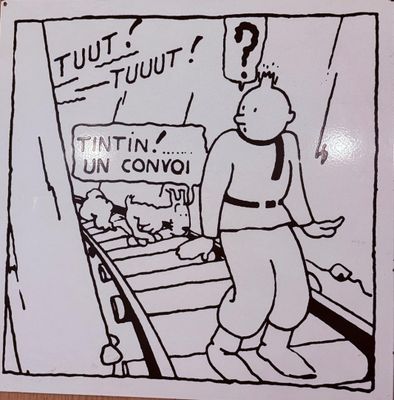 a cartoon picture of a man standing in front of a sign