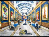 painting of a man laying on the floor in a large room