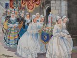 a painting of a group of people dressed in fancy clothing