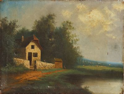 une vieille peinture représentant une maison au bord d'une rivière, avec un bateau sur l'eau