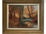 une peinture représentant une rivière au milieu d'un paysage boisé, avec des arbres
