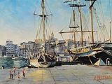 un tableau représentant un port avec des bateaux amarrés dans l'eau