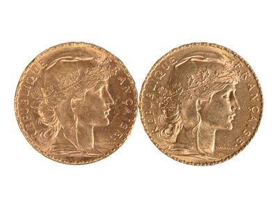 Deux pièces de vingt francs or au coq, 1909 et 1910. Usures. - Photo 1