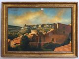 an oil painting of a view of a town with a castle in the distance