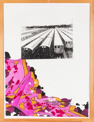 painting of a train on a track with a woman in a pink dress