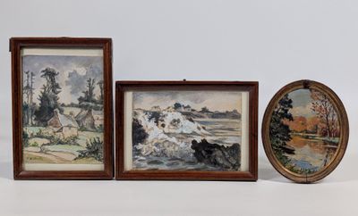 trois tableaux encadrés représentant un paysage et un tableau représentant une rivière