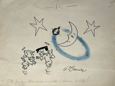 dessin représentant deux anges et un croissant de lune orné d'une étoile