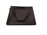 a black leather handbag on a white background