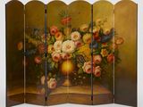 painting of a vase of flowers on a table in a room divider