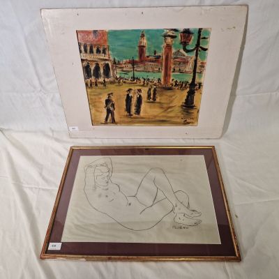 un tableau représentant une femme allongée sur un lit, à côté d'une photo d'un bâtiment