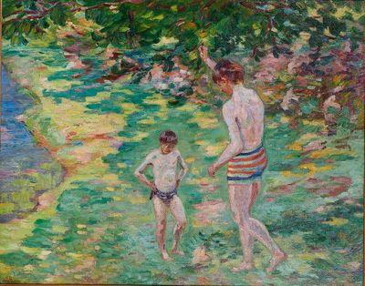 tableau représentant un homme et un garçon jouant dans l'herbe