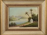 an oil painting of a landscape with a river and palm trees