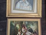 two framed paintings of women and children in a wooded setting
