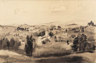 drawing of a landscape with trees and hills in the distance