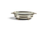 a silver plate with a handle on a white background
