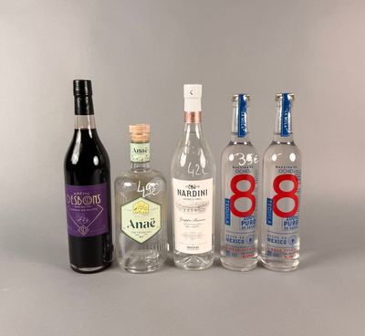 plusieurs bouteilles d'alcool sont alignées sur une table