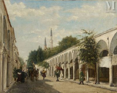 a painting of people walking down a street with a horse and buggy