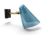 a wall mounted lamp with a blue shade on it