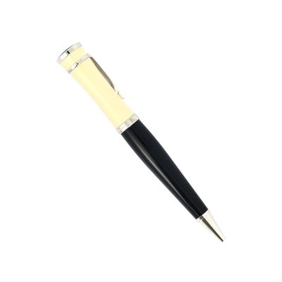 the pen is black and white with a gold tip