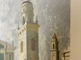 a painting of a building with a clock tower in the background