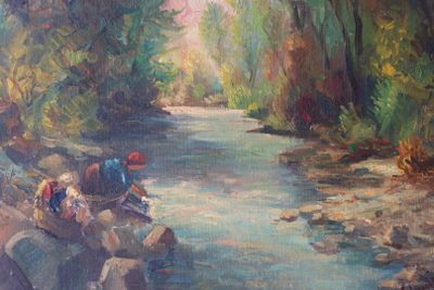 un tableau représentant un groupe de personnes assises sur des rochers au bord d'une rivière