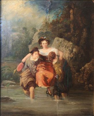 painting of a woman and two children on a swing in a wooded setting