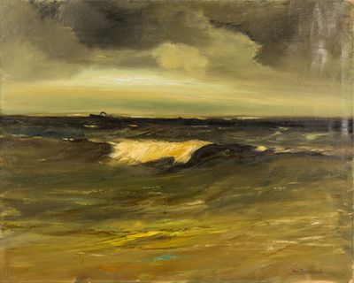 une image représentant un tableau représentant des vagues dans l'océan par temps nuageux