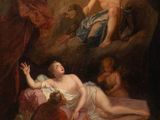 an image of a painting of a woman laying on a bed in a cave