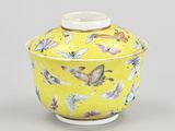 yellow and white porcelain jar with butterflies on it on a gray surface
